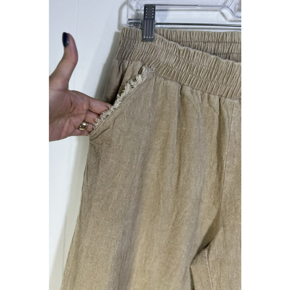 Umgee Wide Leg Frayed Hem Corduroy Pants Size Large Pull on Pockets Beige Boho - Picture 6 of 10